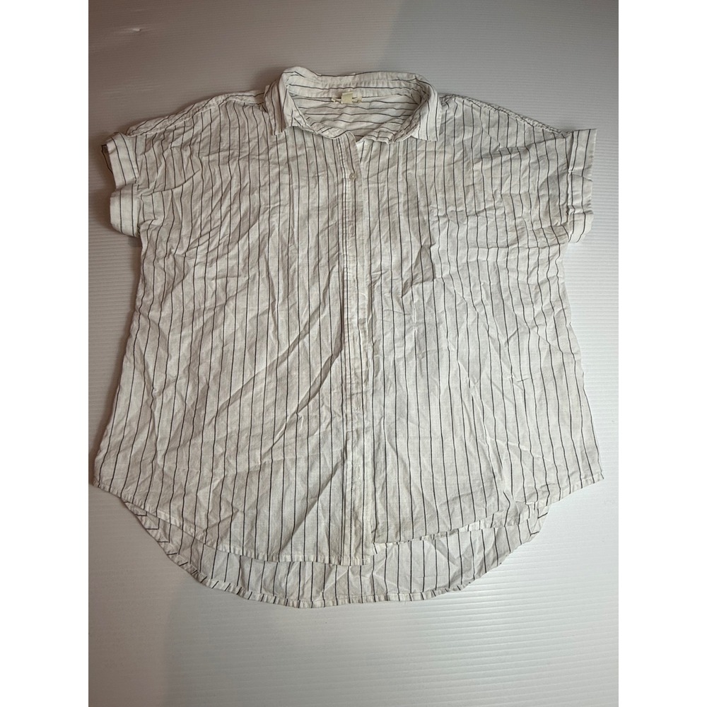 GOODTHREADS Women's White Black Striped Short Sleeve Collared‎ Shirt - Large